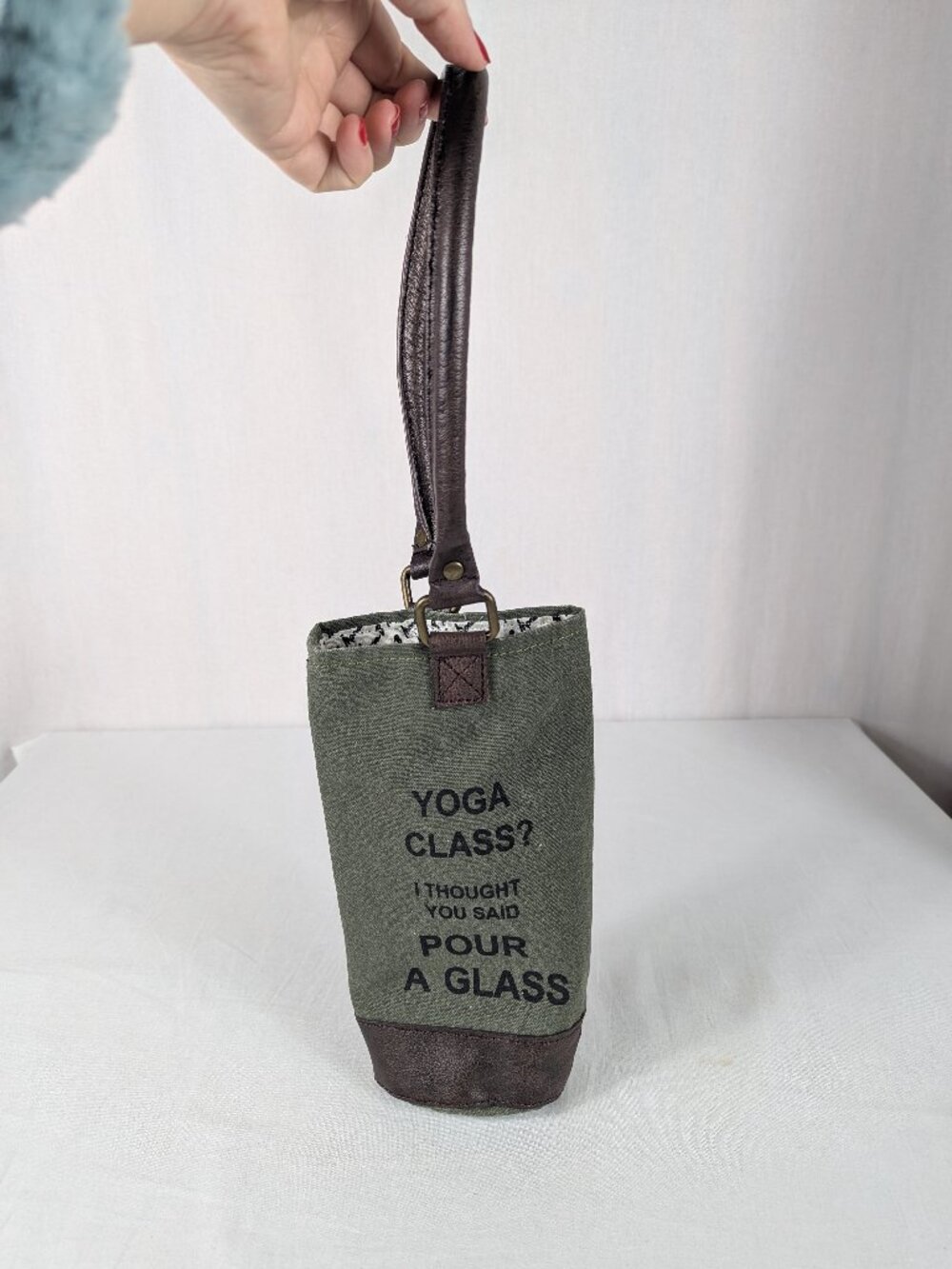 Mona B Yoga Class Pour A Glass Canvas Faux Leather Wine Bag Tote Holder Gift Bag